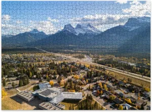 Jigsaw Puzzles 500 Pieces for Adult Canmore Alberta Canada Aerial View Trans Canada Highway Highway Autumn Puzzle Game for Family Wooden Puzzle Toy Educational Games Puzzles for Home Decor