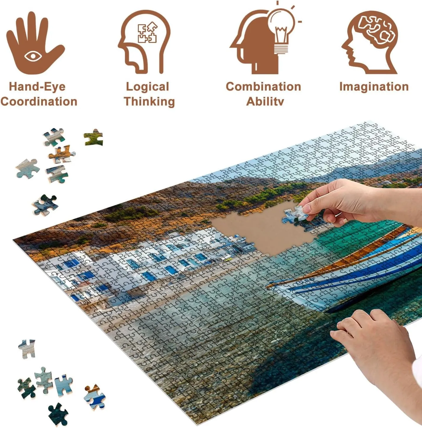 Jigsaw Puzzles 500 Pieces for Adult Fishing Boat Scenic Village Loutro Crete Greece Puzzle Game for Family Wooden Puzzle Toy Educational Games Puzzles for Home Decor
