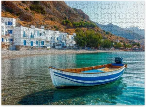 Jigsaw Puzzles 500 Pieces for Adult Fishing Boat Scenic Village Loutro Crete Greece Puzzle Game for Family Wooden Puzzle Toy Educational Games Puzzles for Home Decor