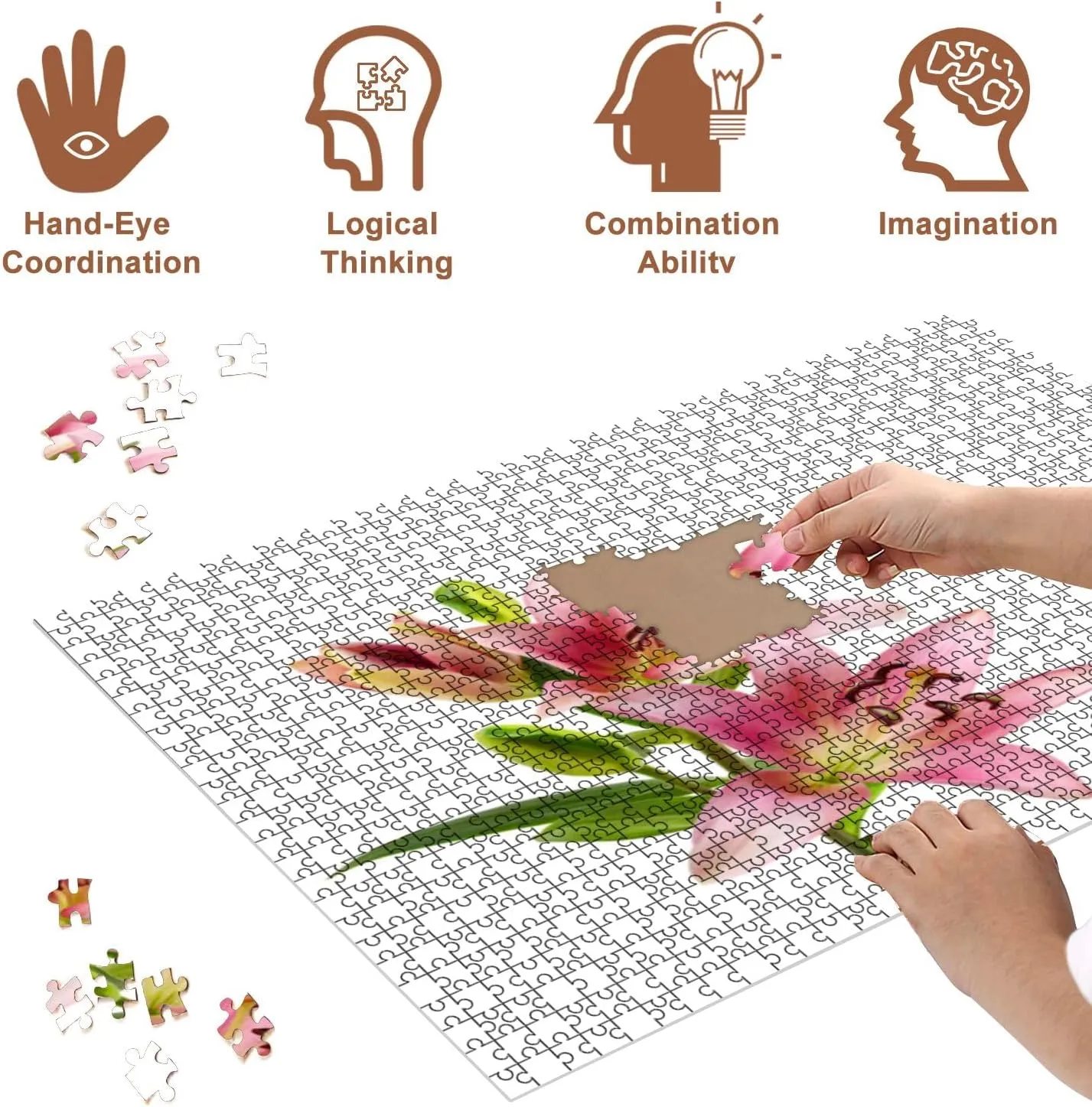 Jigsaw Puzzles 500 Pieces for Adult Pink Lily Flowers White Puzzle Game for Family Wooden Puzzle Toy Educational Games Puzzles for Home Decor