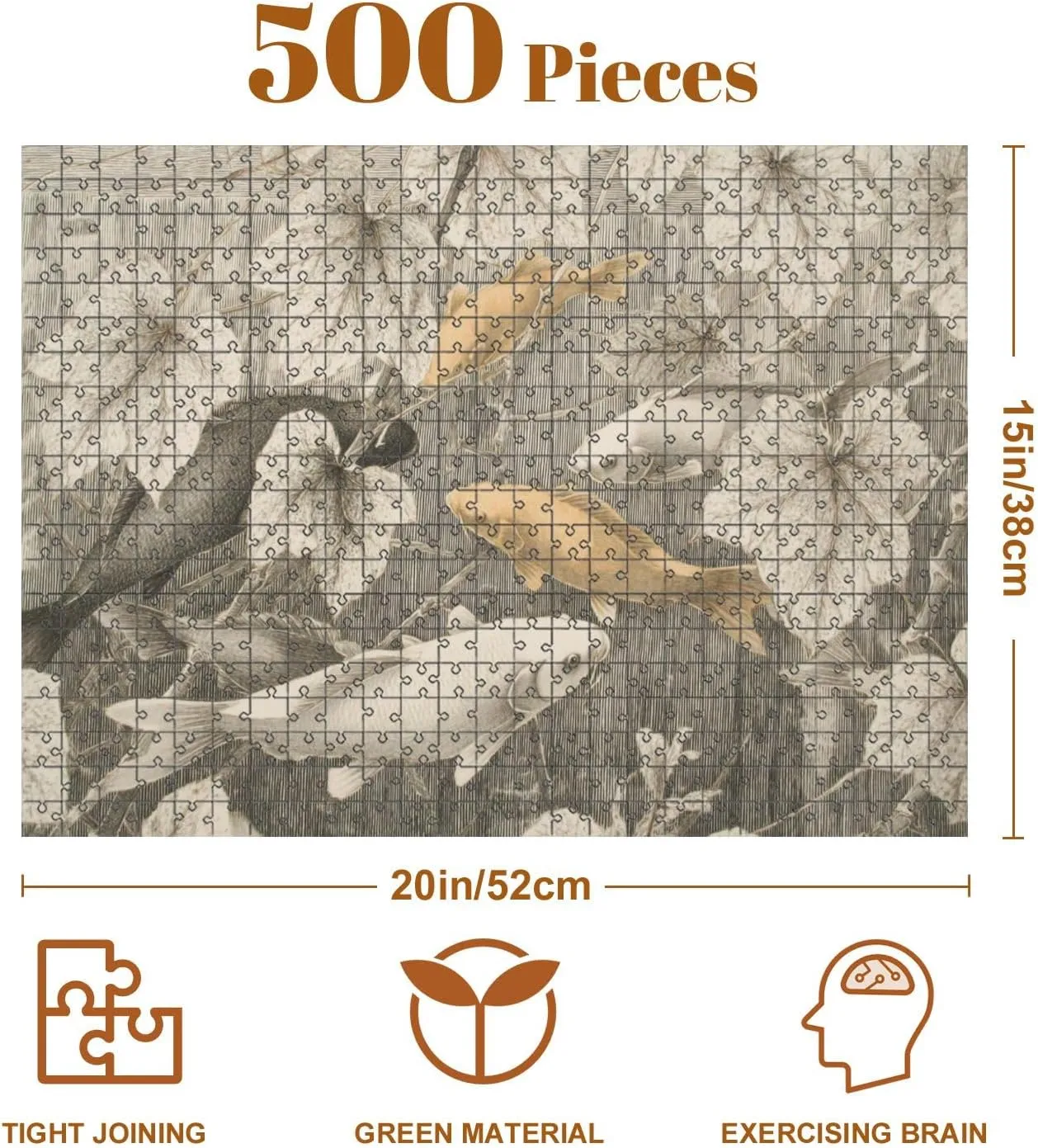 Jigsaw Puzzles 500 Pieces for Adult Retro Gongbi Bamboo Grove Stream Koi Fish Puzzle Game for Family Wooden Puzzle Toy Educational Games Puzzles for Home Decor