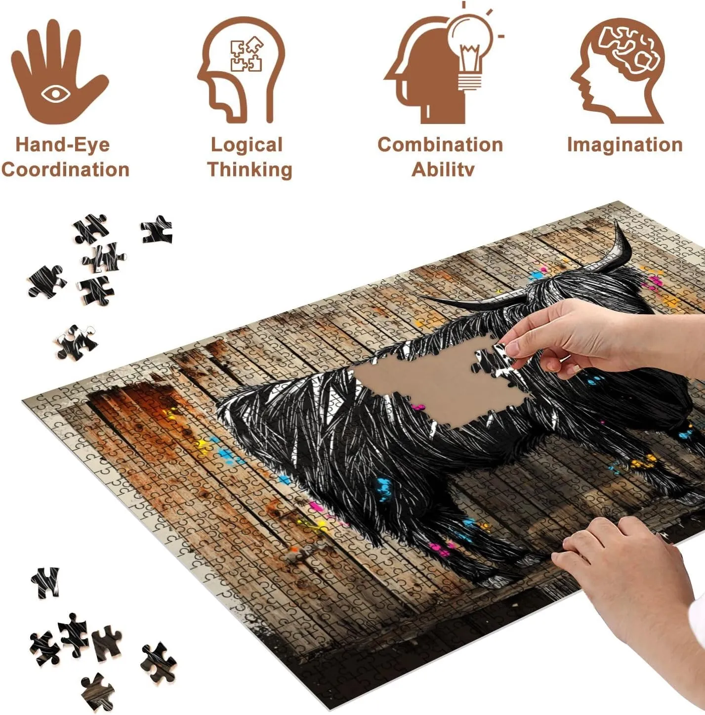 Jigsaw Puzzles 500 Pieces for Adult Sharp Angular Graffiti Art Highland Cow Vibe Puzzle Game for Family Wooden Puzzle Toy Educational Games Puzzles for Home Decor