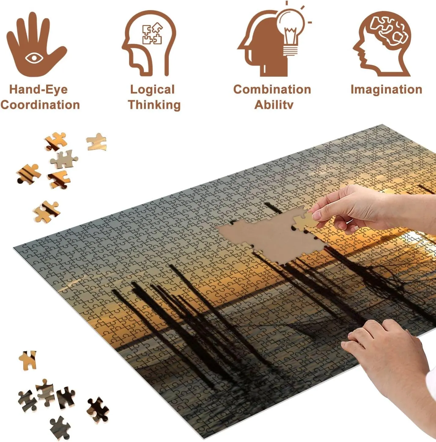 Jigsaw Puzzles 500 Pieces for Adult Sunset Fish Puzzle Game for Family Wooden Puzzle Toy Educational Games Puzzles for Home Decor