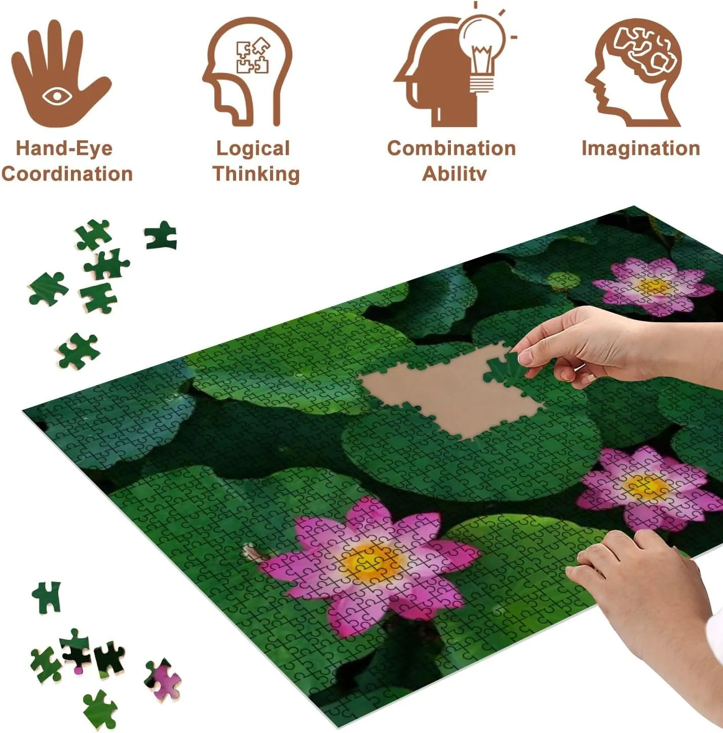 Jigsaw Puzzles 500 Pieces for Adult Top View Blossom Beautiful Pink Lotus Flowers Leaves Pond Puzzle Game for Family Wooden Puzzle Toy Educational Games Puzzles for Home Decor