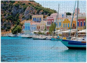 Jigsaw Puzzles 500 Pieces for Adult Wonderful View Colorful Houses Rocks Sailing Boats deep Blue Puzzle Game for Family Wooden Puzzle Toy Educational Games Puzzles for Home Decor