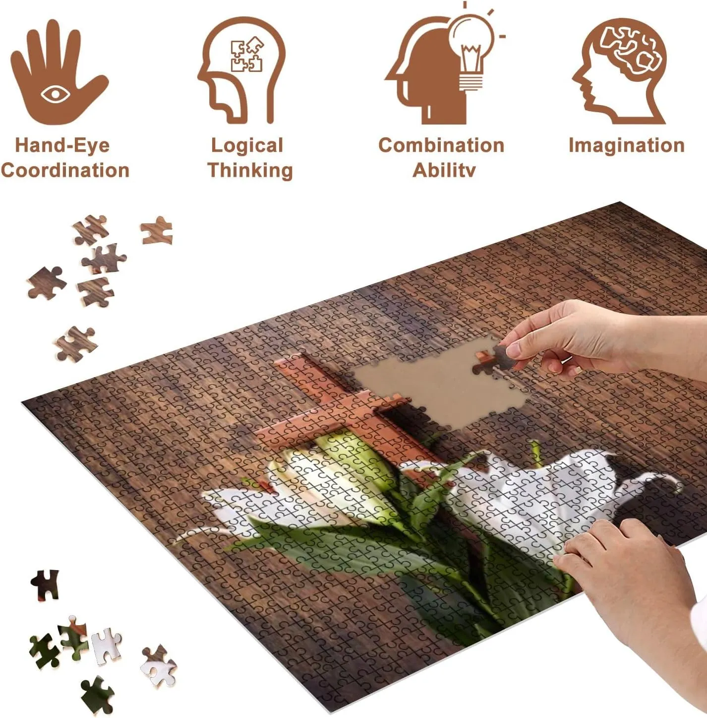 Jigsaw Puzzles 500 Pieces for Adult Wooden Cross White Lily Rustic Table Puzzle Game for Family Wooden Puzzle Toy Educational Games Puzzles for Home Decor