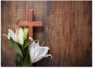 Jigsaw Puzzles 500 Pieces for Adult Wooden Cross White Lily Rustic Table Puzzle Game for Family Wooden Puzzle Toy Educational Games Puzzles for Home Decor