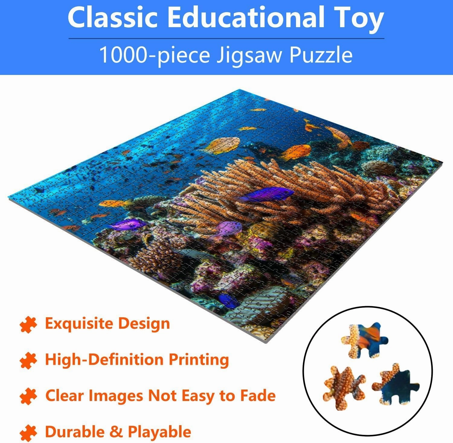Jigsaw Puzzles 1000 Pieces for Adult Reefscape Hard Corals Tropical Fish Barrier Puzzle Game for Family Wooden Puzzle Toy Educational Games Puzzles for Home Decor