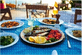 Jigsaw Puzzles 1000 Pieces for Adult Shrimp Seafoods appetizers Salads Fish Restaurant Beach Restaurant Puzzle Game for Family Wooden Puzzle Toy Educational Games Puzzles for Home Decor
