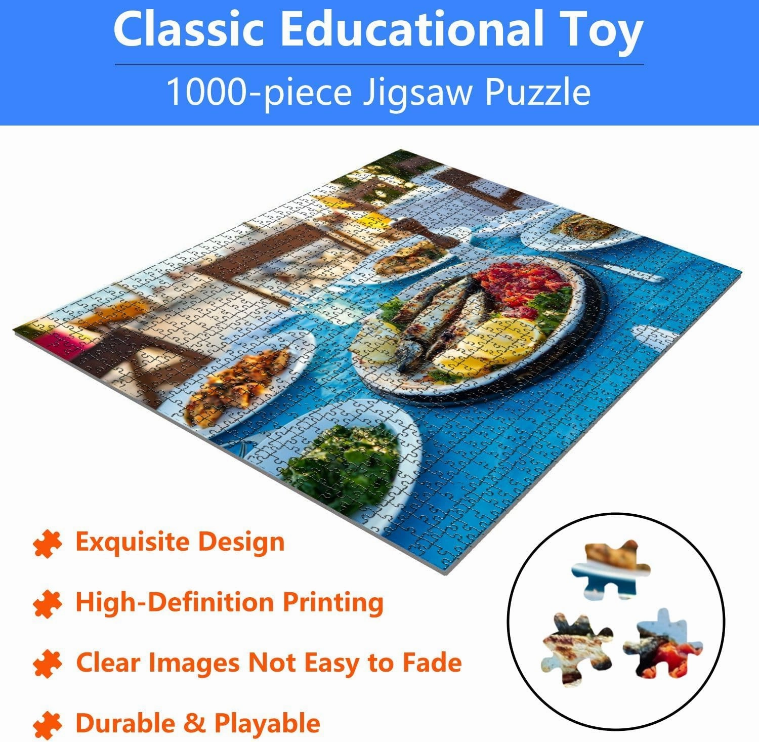 Jigsaw Puzzles 1000 Pieces for Adult Shrimp Seafoods appetizers Salads Fish Restaurant Beach Restaurant Puzzle Game for Family Wooden Puzzle Toy Educational Games Puzzles for Home Decor