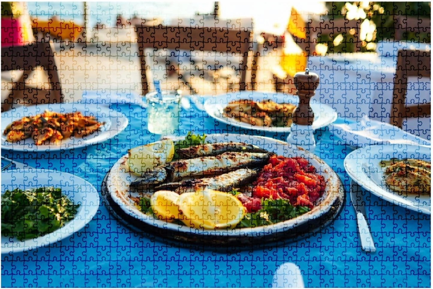 Jigsaw Puzzles 1000 Pieces for Adult Shrimp Seafoods appetizers Salads Fish Restaurant Beach Restaurant Puzzle Game for Family Wooden Puzzle Toy Educational Games Puzzles for Home Decor