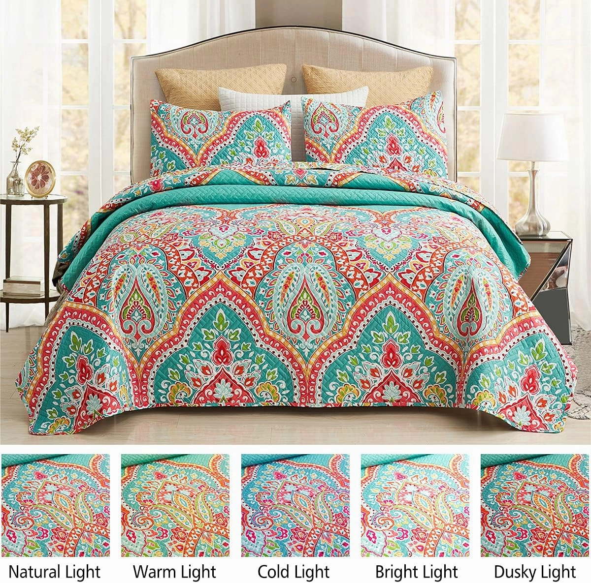 JML Quilt Set King Size (92" x104") with 2 Pillow Shams, 3 Piece - Soft and Lightweight, Boho Reversible King Quilt Bedding Bedspread Coverlet Set, Boho
