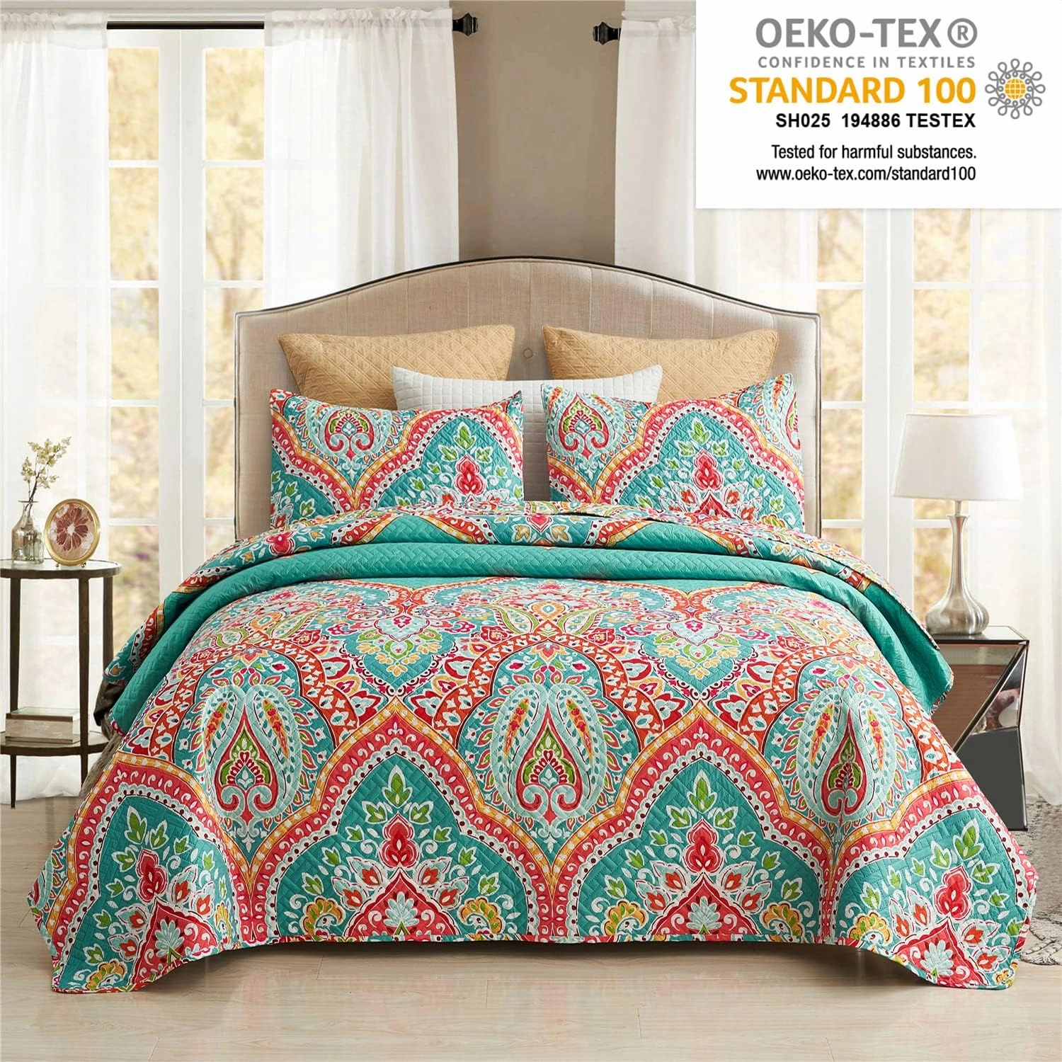 JML Quilt Set King Size (92" x104") with 2 Pillow Shams, 3 Piece - Soft and Lightweight, Boho Reversible King Quilt Bedding Bedspread Coverlet Set, Boho