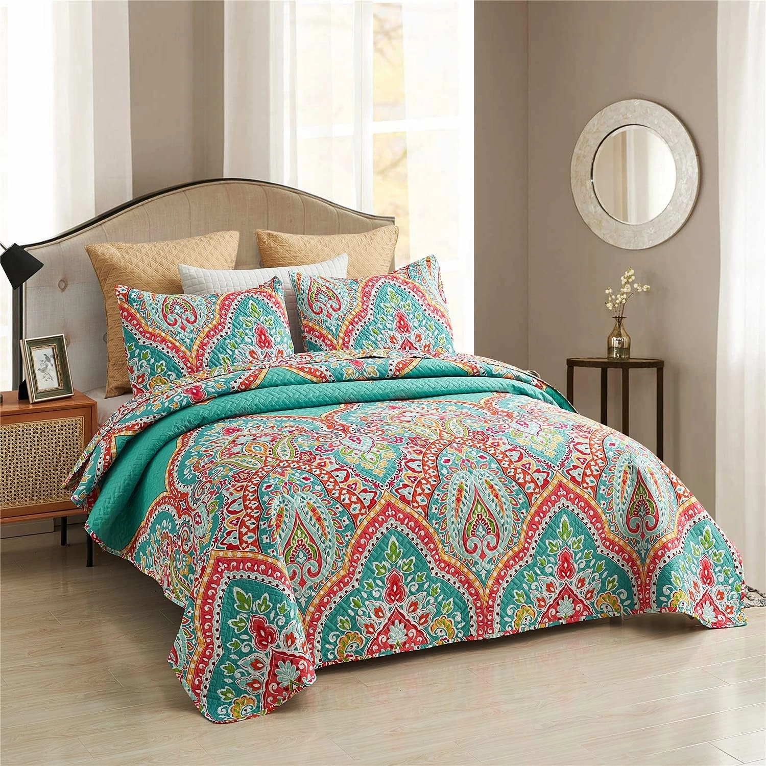 JML Quilt Set King Size (92" x104") with 2 Pillow Shams, 3 Piece - Soft and Lightweight, Boho Reversible King Quilt Bedding Bedspread Coverlet Set, Boho