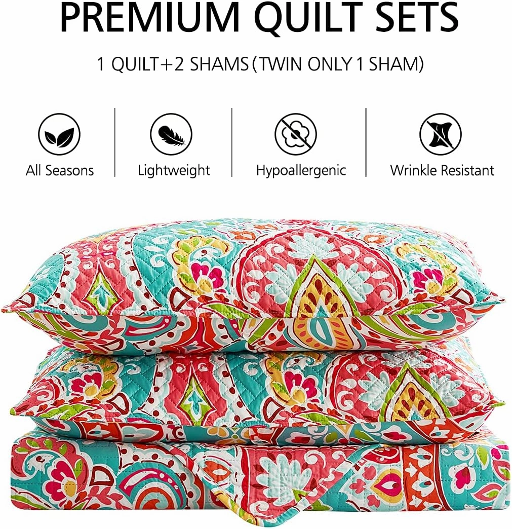 JML Quilt Set King Size (92" x104") with 2 Pillow Shams, 3 Piece - Soft and Lightweight, Boho Reversible King Quilt Bedding Bedspread Coverlet Set, Boho