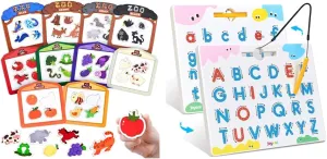 JoyCat Magnetic Letter Tracing Board   Wooden Fridge Magnets for Toddlers, 50PCS Magnetic Color Sorting Refrigerator Toys