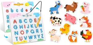 JoyCat Wooden Fridge Magnets for Kids – 10 Cute Farm Animals Refrigerator Magnets   Magnetic Letter Tracing Board, 2-in-1 Double-Sided ABC Magnets for Kids Ages 3-5