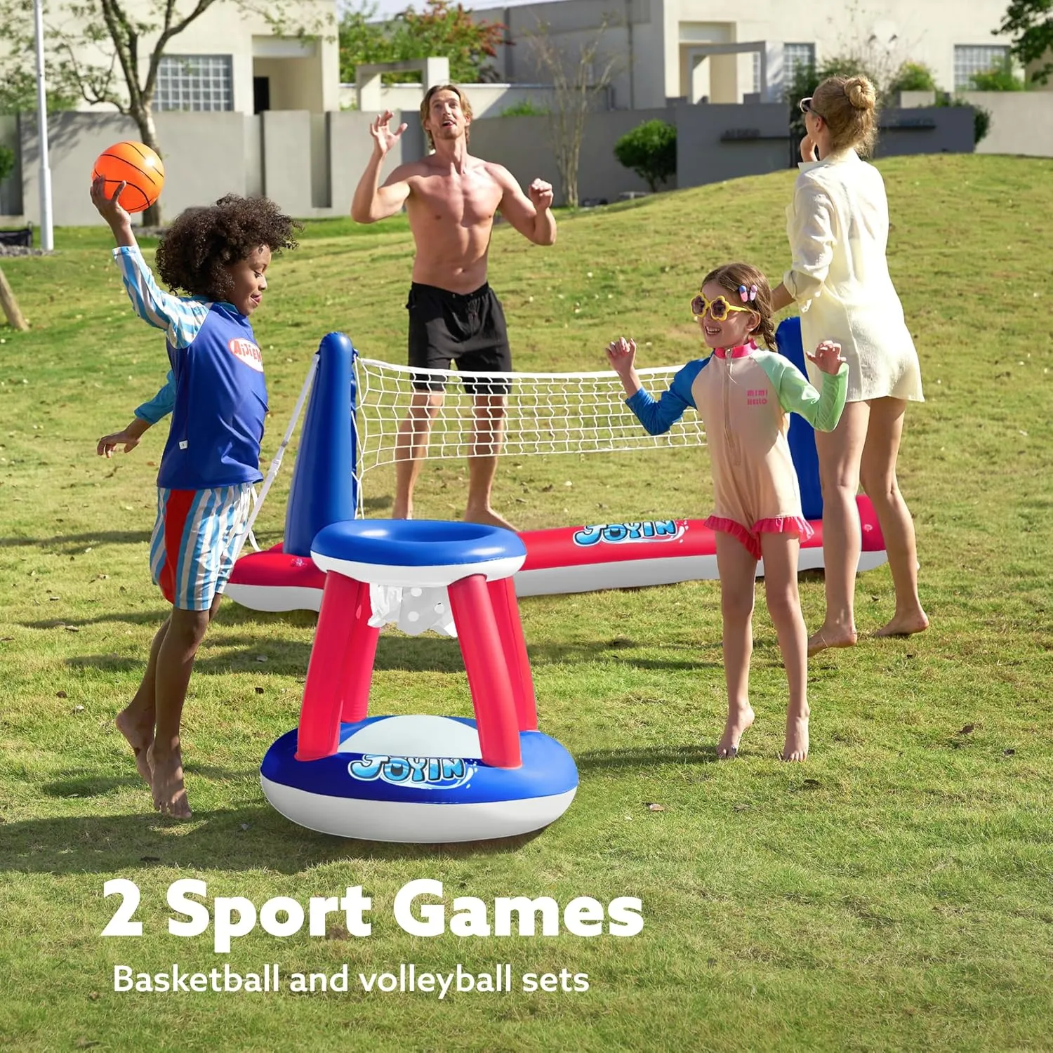 JOYIN Inflatable Pool Float Set Volleyball Net & Basketball Hoops, Balls Included for Kids and Adults Swimming Game Toy, Summer Floaties, Volleyball Court |Basketball,L-Red
