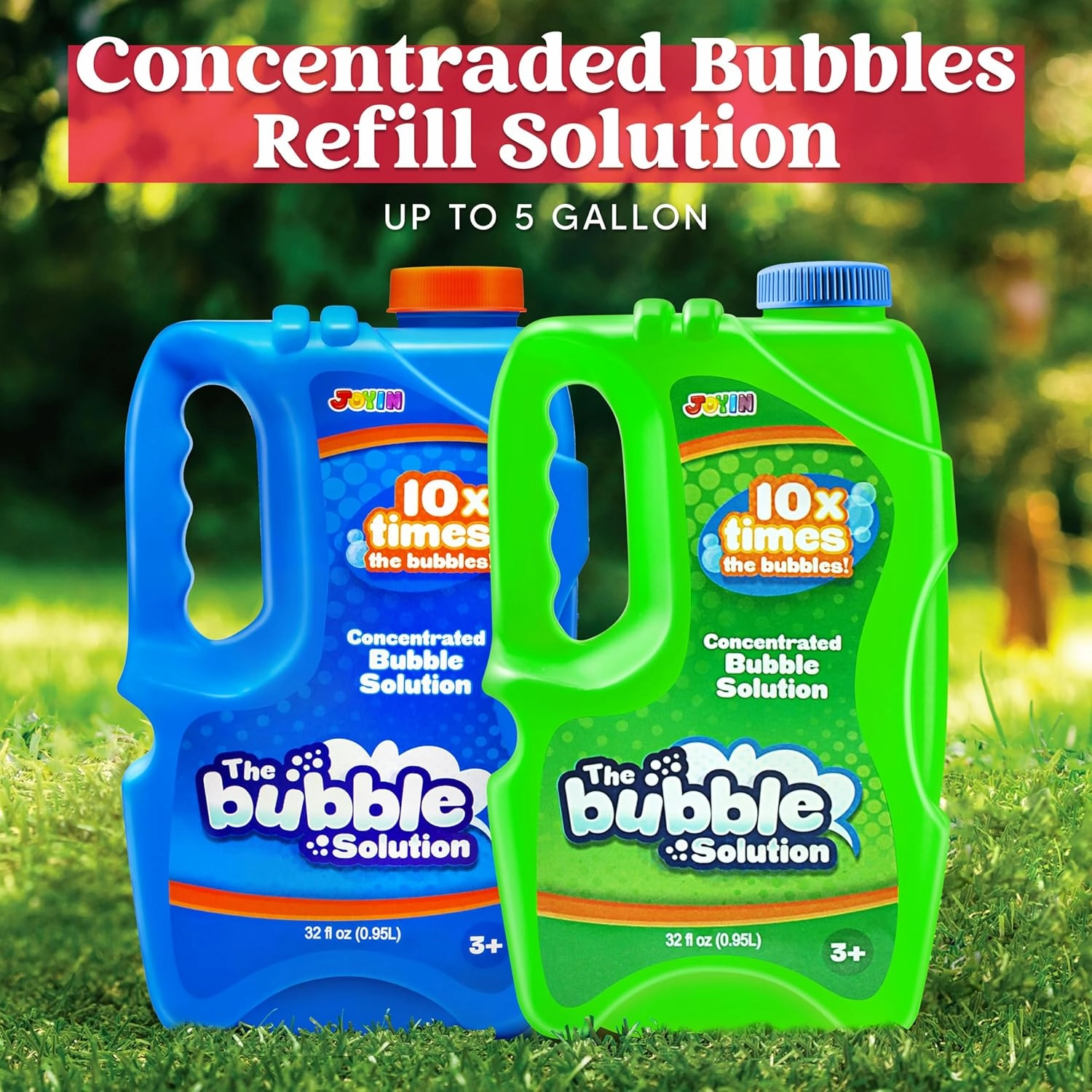 JOYIN 2 Bottles Bubbles Refill Solutions 64 oz (up to 5 Gallon), Concentrated Solution for Bubble Machine, Gun, Wand Refill Fluid Summer, Easter Toys (Blue Green)