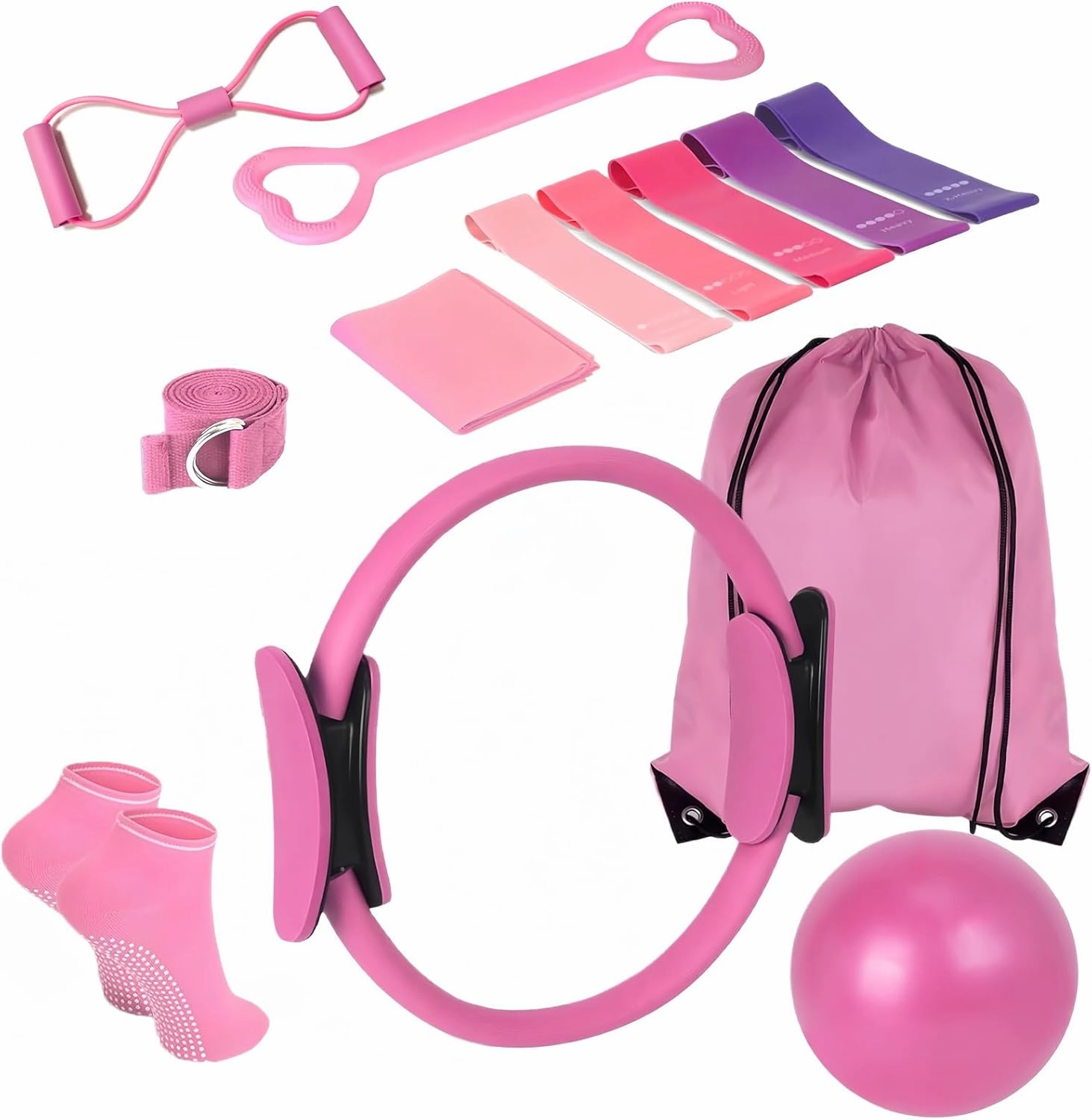 KABCON Pilates Ring Essentials Set for Women with 9.8” Exercise Ball,Elastic Bands, Yoga Socks, Carrying Bag, 13-Pcs Home Workout Set