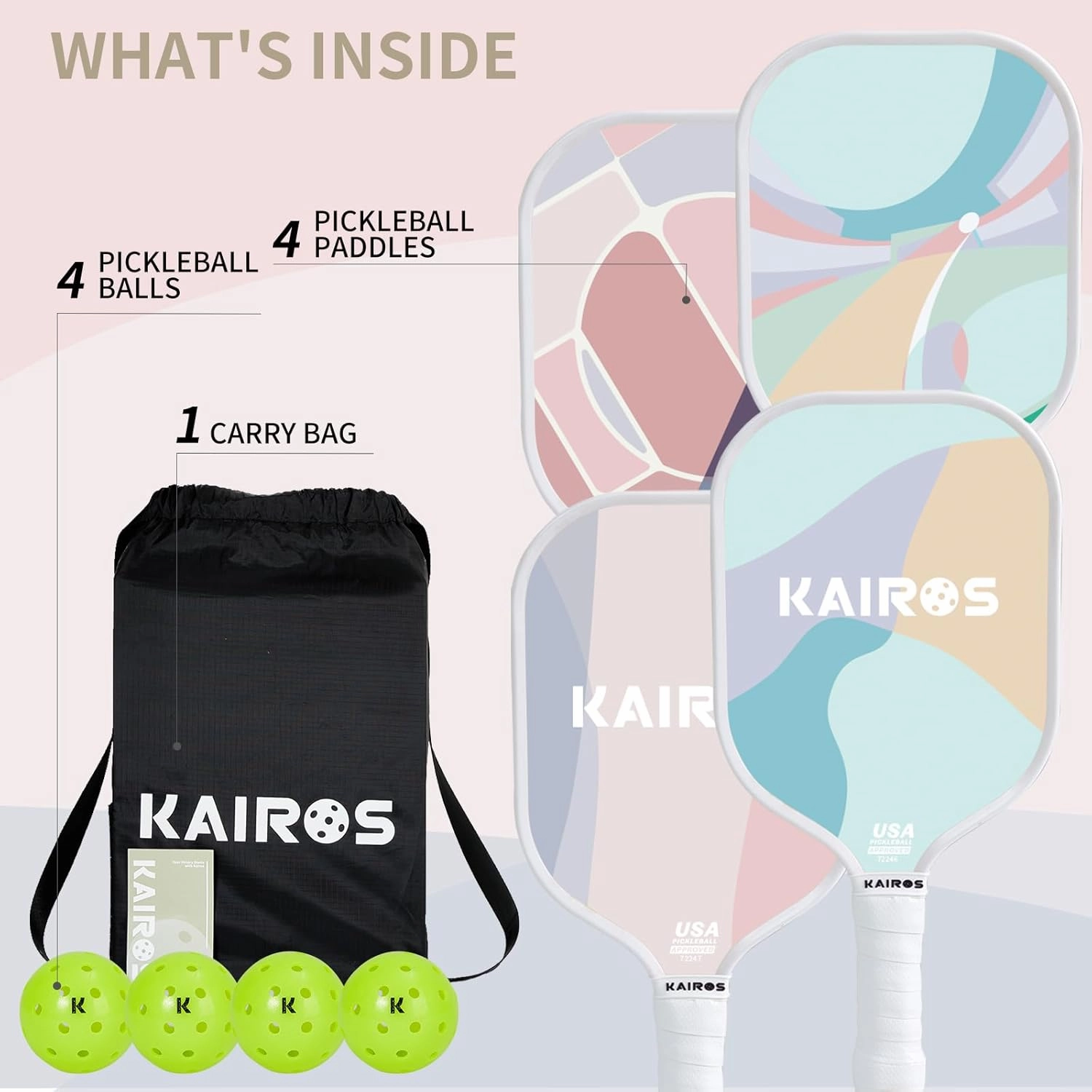 KAIROS Pickleball Paddles, USAPA Approved Pickle Ball Set with 2 Rackets 4 Pickle Balls, Non-Slip Grip Fiberglass Surface Pickleball for Beginners
