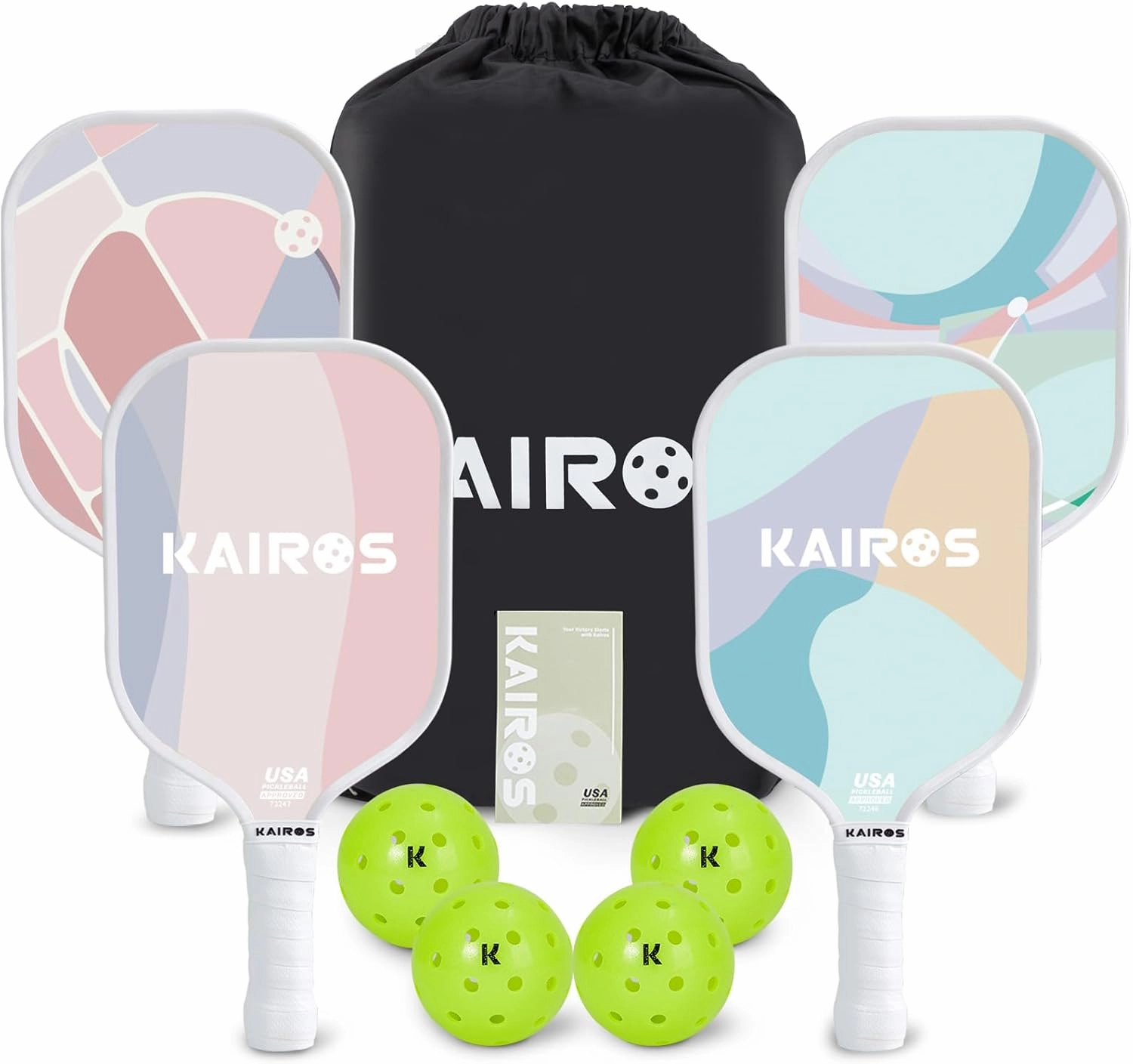 KAIROS Pickleball Paddles, USAPA Approved Pickle Ball Set with 2 Rackets 4 Pickle Balls, Non-Slip Grip Fiberglass Surface Pickleball for Beginners