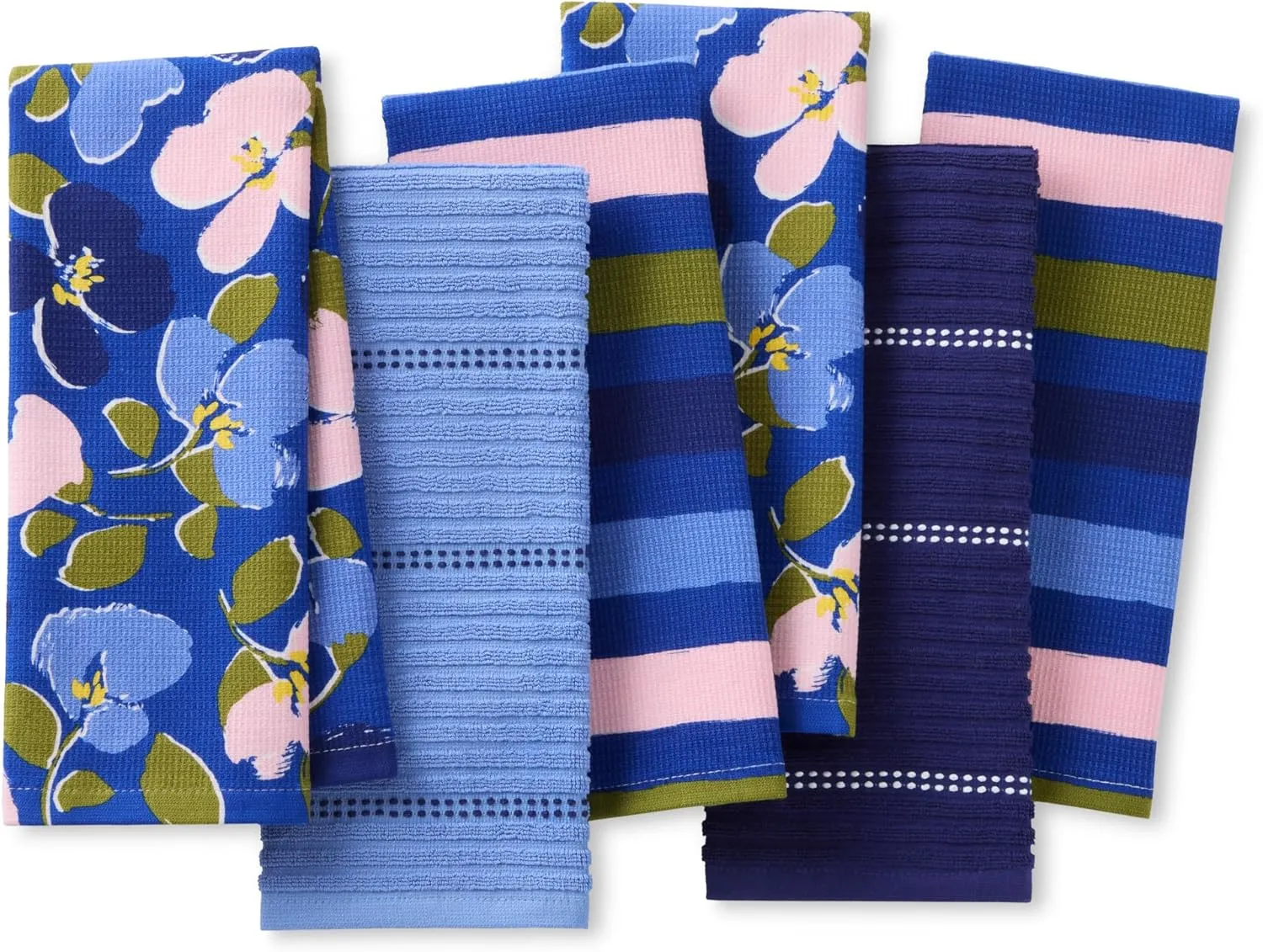 Kate Spade New York Painterly Bouquet & Bold Painterly Stripe Kitchen Towels 6-Pack Set, Absorbent 100% Cotton, Blue/Green/Rose, 17"X28"