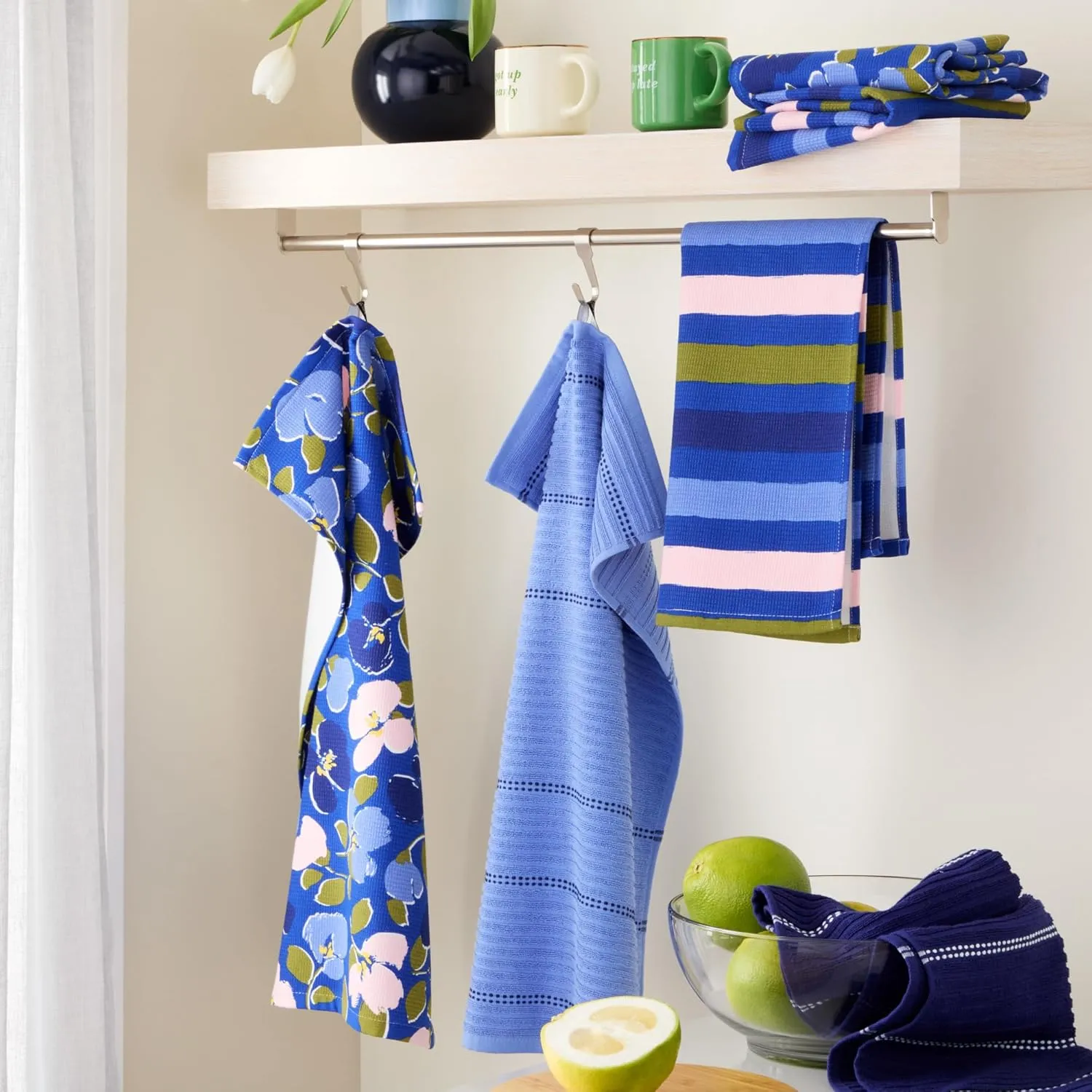 Kate Spade New York Painterly Bouquet & Bold Painterly Stripe Kitchen Towels 6-Pack Set, Absorbent 100% Cotton, Blue/Green/Rose, 17"X28"