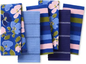 Kate Spade New York Painterly Bouquet & Bold Painterly Stripe Kitchen Towels 6-Pack Set, Absorbent 100% Cotton, Blue/Green/Rose, 17"X28"