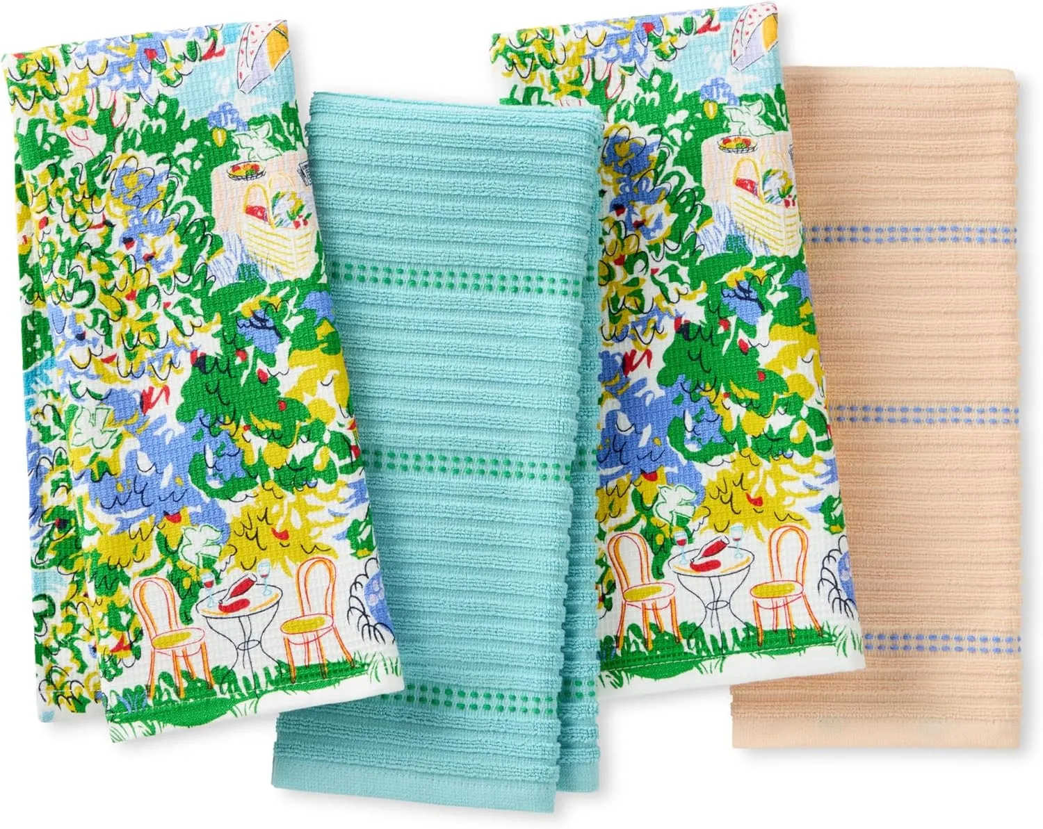 Kate Spade New York Spring Garden Kitchen Towels 4-Pack Set, Absorbent 100% Cotton, Blue/Green/Beige, 17"X28"