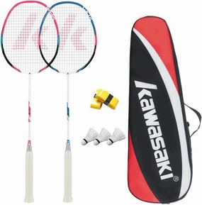 Kawasaki Badminton Rackets, Professional Graphite Shaft Badminton Set of 2 for Backyard, with 2 Lightweight Carbon Badminton Racquets/3 Badminton Shuttlecocks/2 Racquet Overgrips/1 Carry Bag