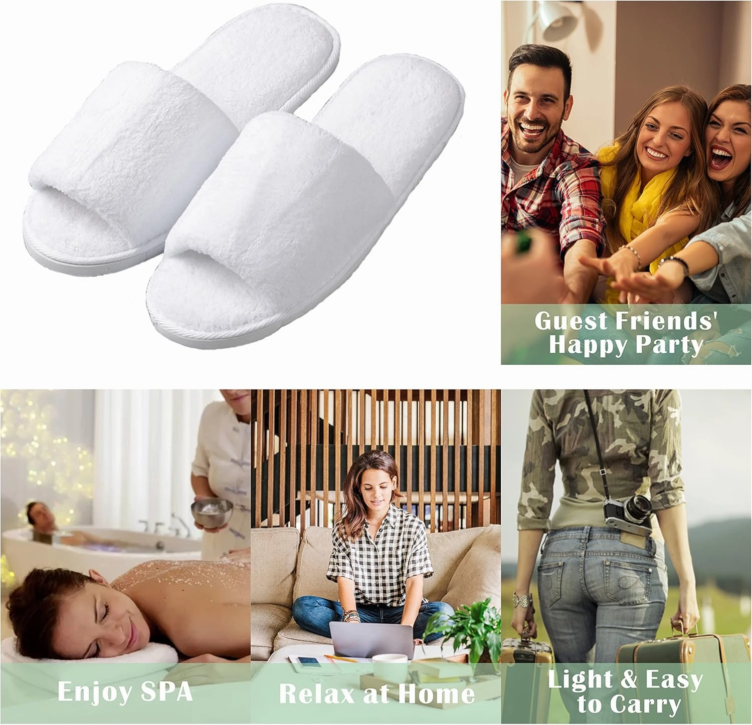KHC-KHF Spa Slipper- 5 Pairs of Velvet Open Toe Slippers with Travel Bags- One Size Fit Most Men and Women for Spa