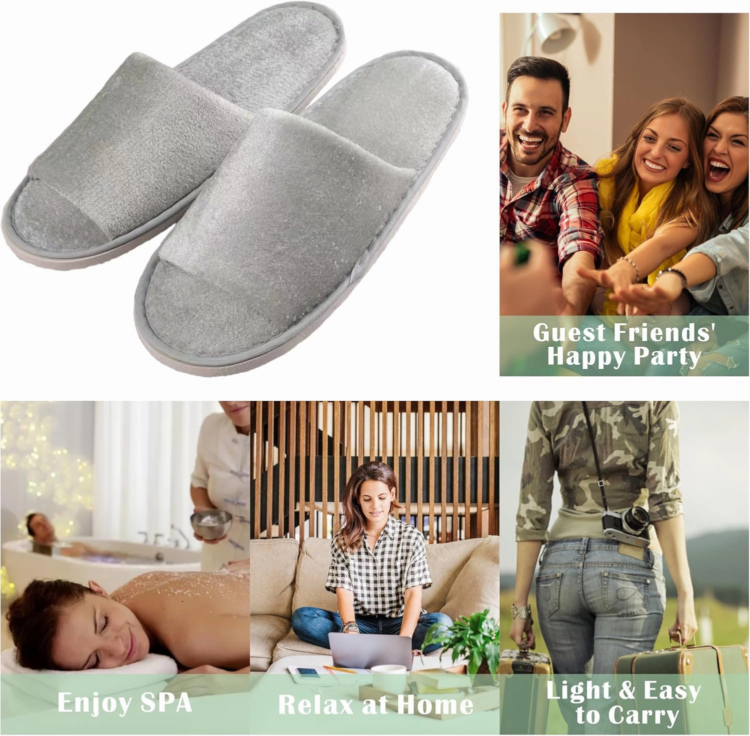 KHC-KHF Spa Slipper- 5 Pairs of Velvet Open Toe Slippers with Travel Bags- One Size Fit Most Men and Women for Spa