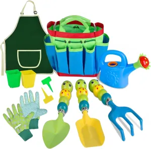 Kids Gardening Tools Set - 12 PCS Colorful Metal Garden Tools Set for Children Include Child Safe Rake Shovel with Cute Handle Design Gardening Kit Outdoor Toys Gift for Kid Age 3 4 5 6 7 8 (Green)