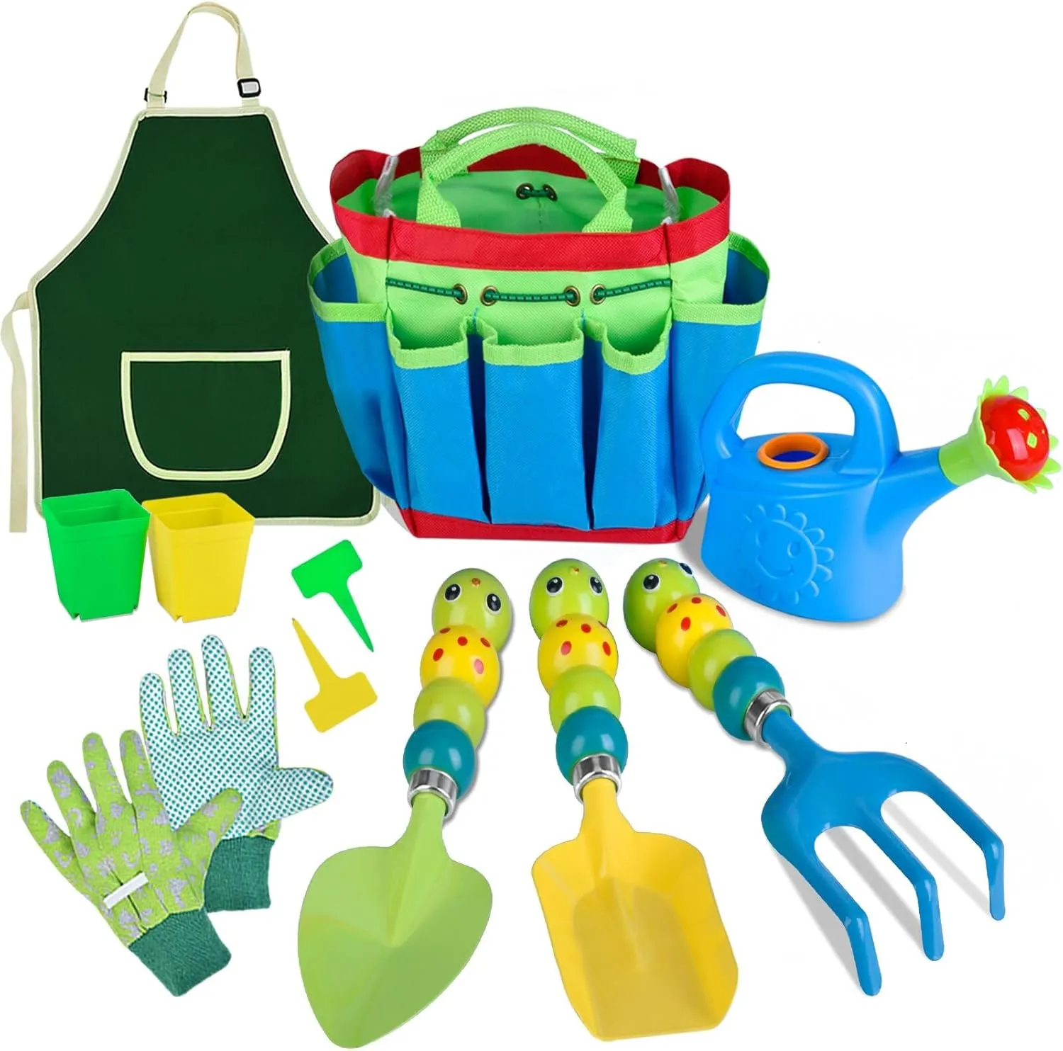 Kids Gardening Tools Set - 12 PCS Colorful Metal Garden Tools Set for Children Include Child Safe Rake Shovel with Cute Handle Design Gardening Kit Outdoor Toys Gift for Kid Age 3 4 5 6 7 8 (Green)