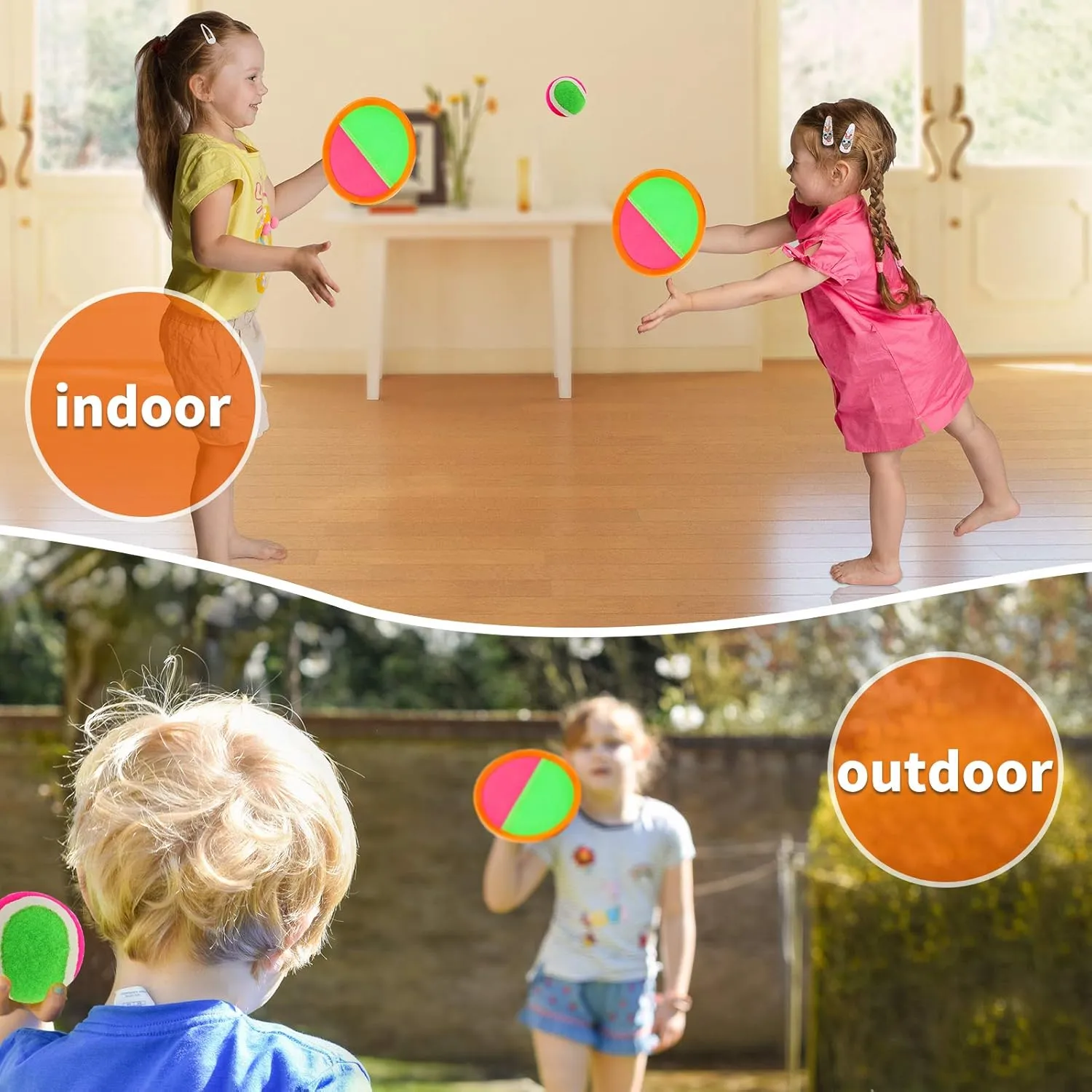 Kids Outdoor Toys - Toss and Catch Game Set, Outside Yard Camping Beach Pool Toys Games for Boys Girls 3 4 5 6 7 8 9 10 Year Old, 4 Paddles 4 Balls (Orange Orange)