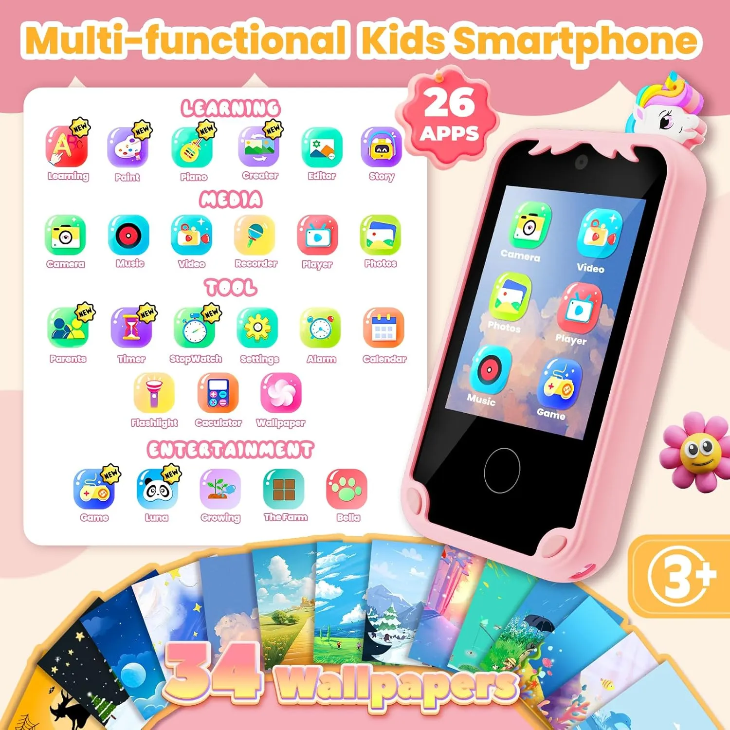 Kids Phone for Girl Toys, Kids Camera Toy Smart Phone Birthday Gifts Toddler Ages 2, 3, 5, 7, 8, 10 Year Old, Educational Learning Toys with 2.8" Touchscreen, Music Player, Video Player, Game(Pink)