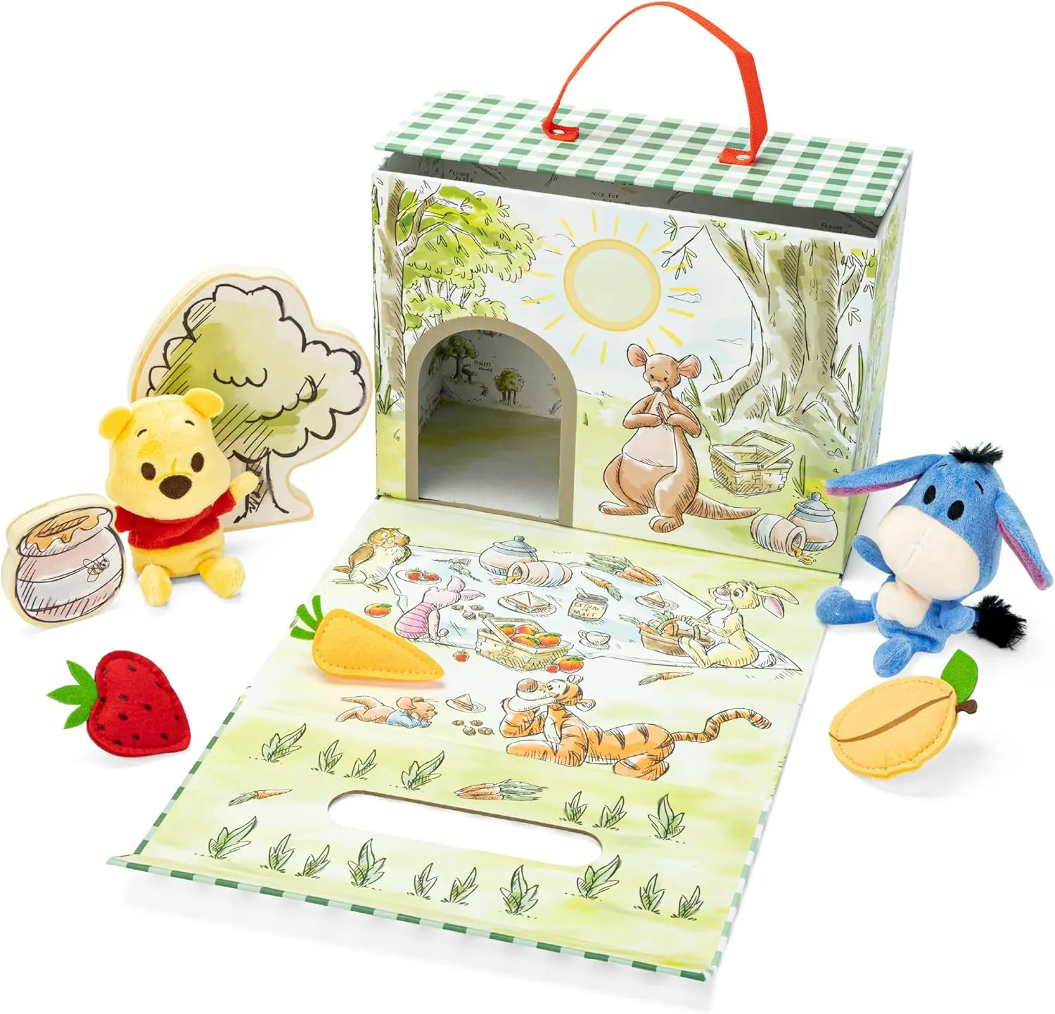 KIDS PREFERRED Disney Baby Winnie The Pooh and Friends Deluxe Take Along Travel Playset 100 Acre Woods Picnic with Pooh and Eeyore Beanbag Plush and Wooden and Fabric Set Pieces
