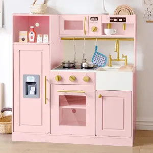 Kids Wooden Play Kitchen for Girls Pretend Toy Kitchen Playset with Real Lights and Sounds and 14 Pcs Fun Accessories, Toddler Pink Play Kitchen Set for Ages 3 