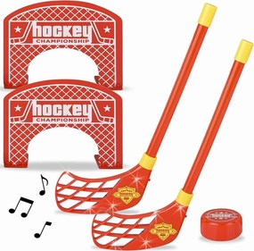 Kids Hockey Game - 2 Mini LED & Sound Sticks, 2 Goal Posts, 1 Puck - Floor Hockey Set, Indoor Fun Sports for Boys/Girls 8-12