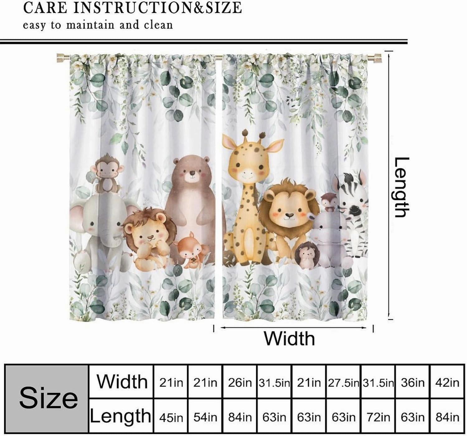 Kids Safari Animal Curtains Woodland Wildlife Jungle Animals Window Treatments for Boys Girls Bedroom Cute Cartoon Lion Nursery Children Drapes for Living Room W42xL54(Decor)