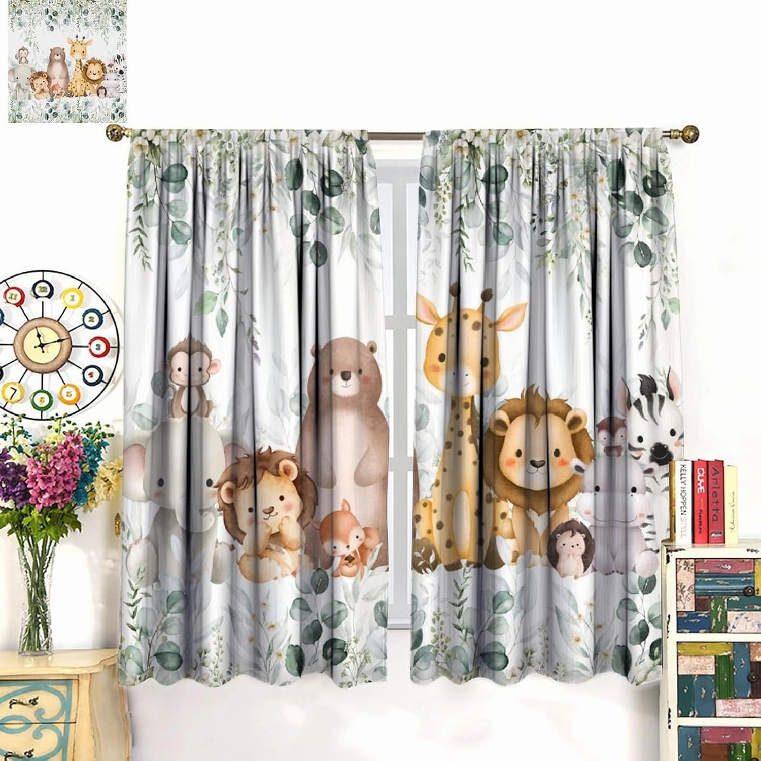 Kids Safari Animal Curtains Woodland Wildlife Jungle Animals Window Treatments for Boys Girls Bedroom Cute Cartoon Lion Nursery Children Drapes for Living Room W42xL54(Decor)