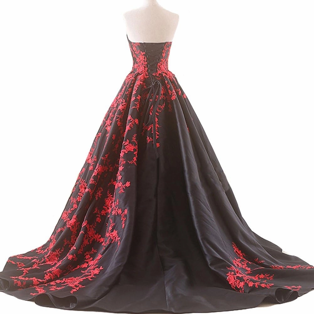 Kivary Gothic Black Satin Lace V Neck A Line Long Prom Corset Wedding Dresses