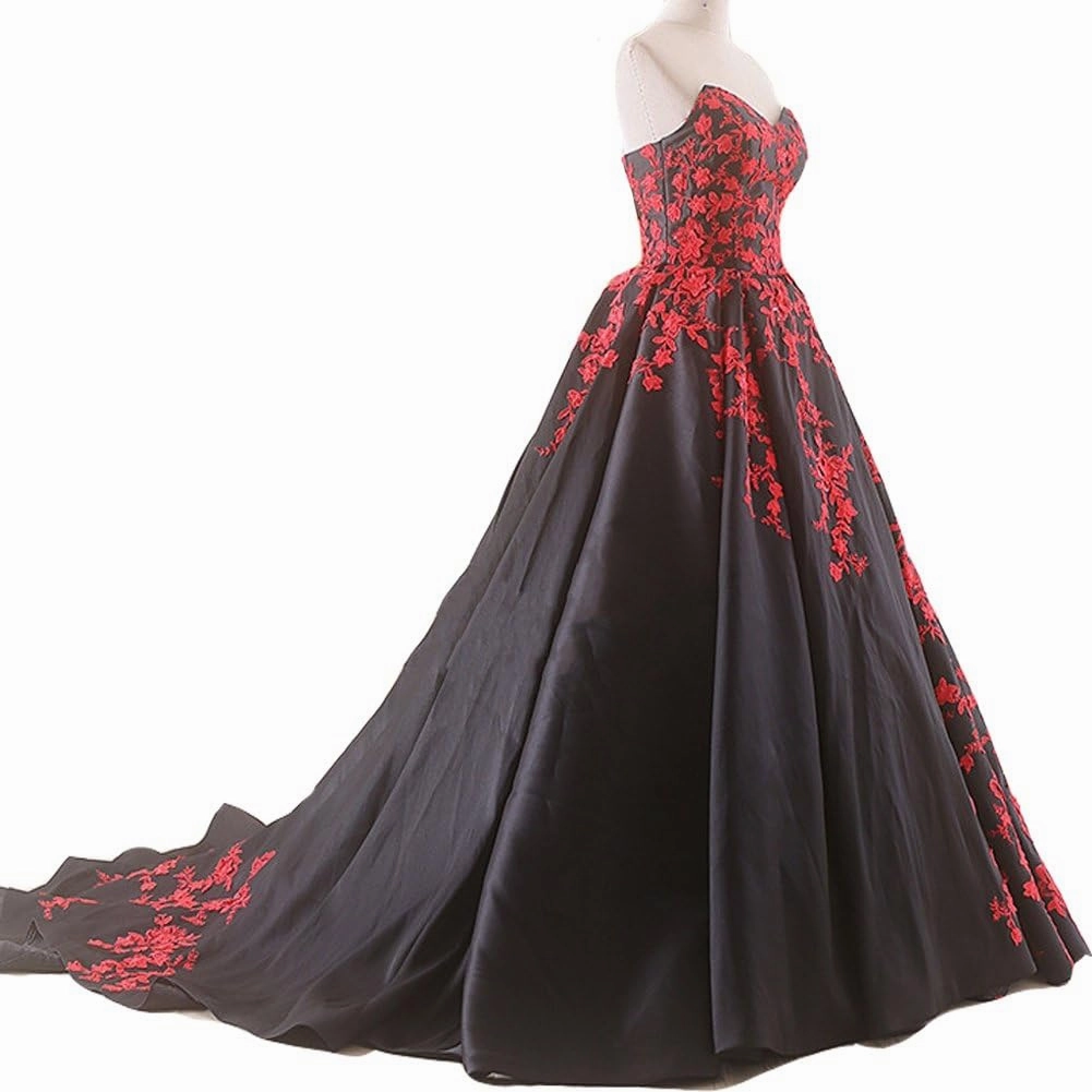 Kivary Gothic Black Satin Lace V Neck A Line Long Prom Corset Wedding Dresses