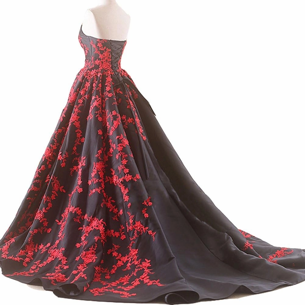 Kivary Gothic Black Satin Lace V Neck A Line Long Prom Corset Wedding Dresses
