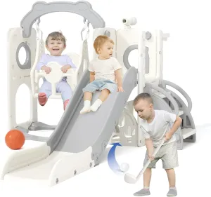 KORIMEFA 8 in 1 Toddler Slide and Swing Set for Toddler Age 1-3 Years, Toddles Playset Playground Indoor and Outdoor Swing Slide Climber Playset w/Basketball Hoop & Golf Set, Grey