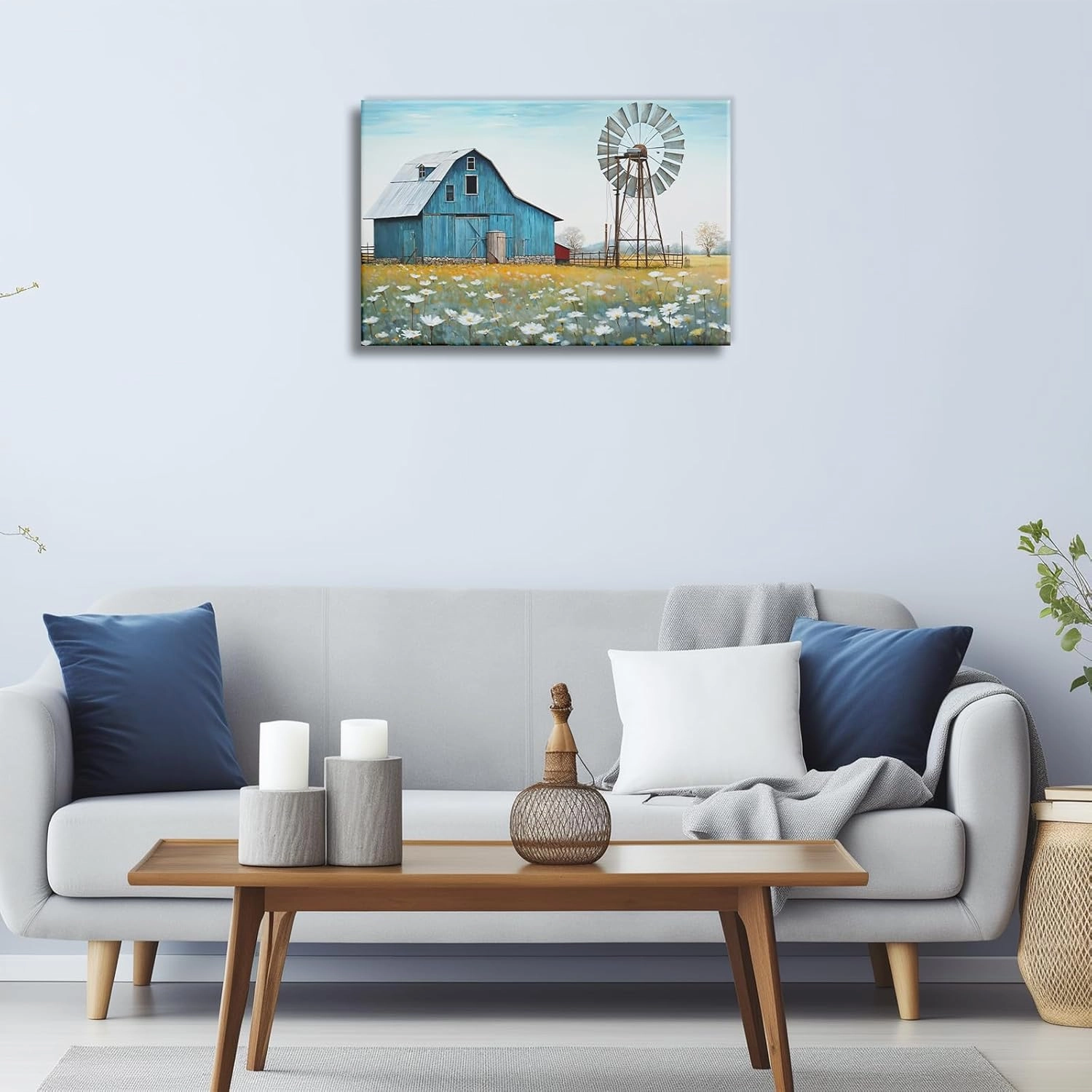 KPLUNDO Barn Picture Bedroom Wall Decor Farmhouse Landscape Canvas Picture Print Blue Barn Windmill Painting Modern Artwork (Artwork-1,24"x36")
