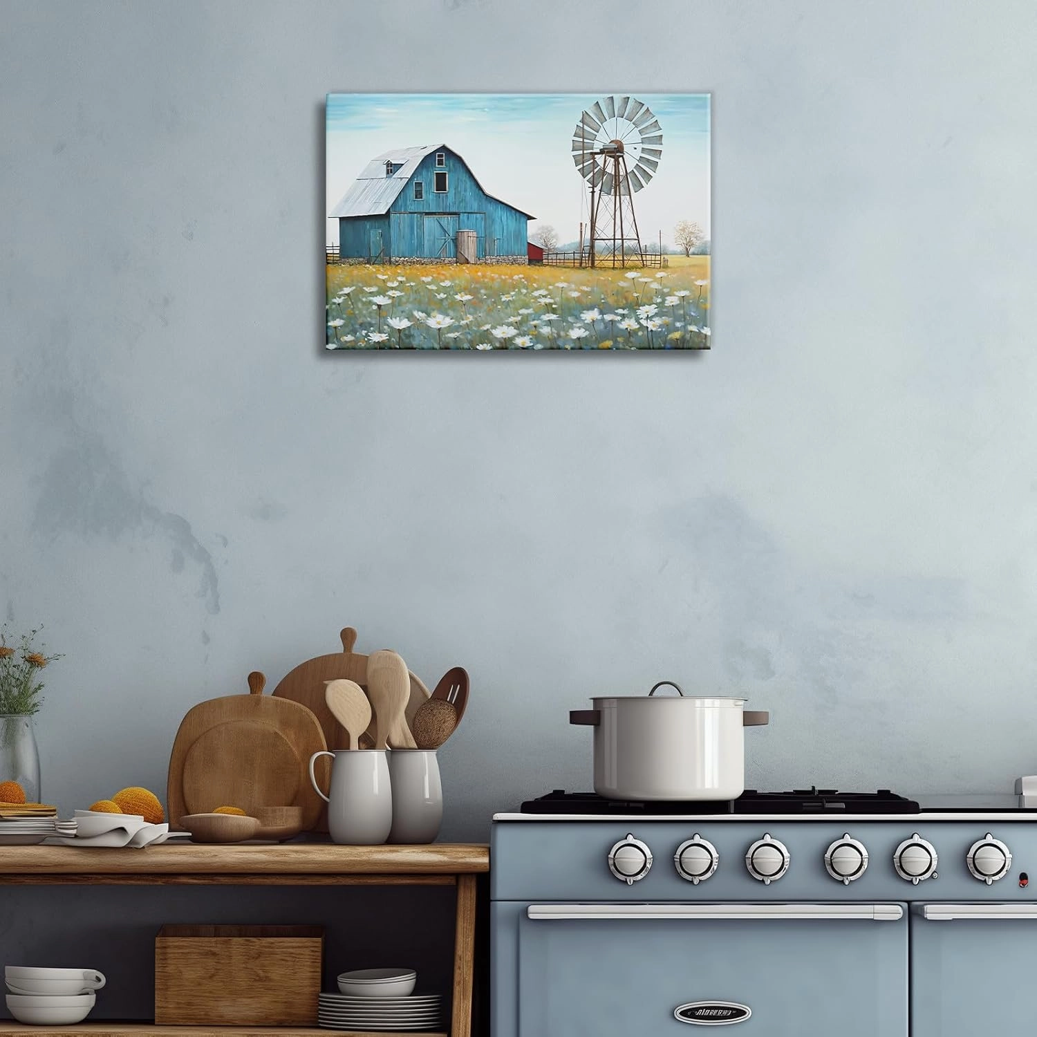 KPLUNDO Barn Picture Bedroom Wall Decor Farmhouse Landscape Canvas Picture Print Blue Barn Windmill Painting Modern Artwork (Artwork-1,24"x36")