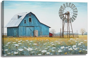 KPLUNDO Barn Picture Bedroom Wall Decor Farmhouse Landscape Canvas Picture Print Blue Barn Windmill Painting Modern Artwork (Artwork-1,24"x36")