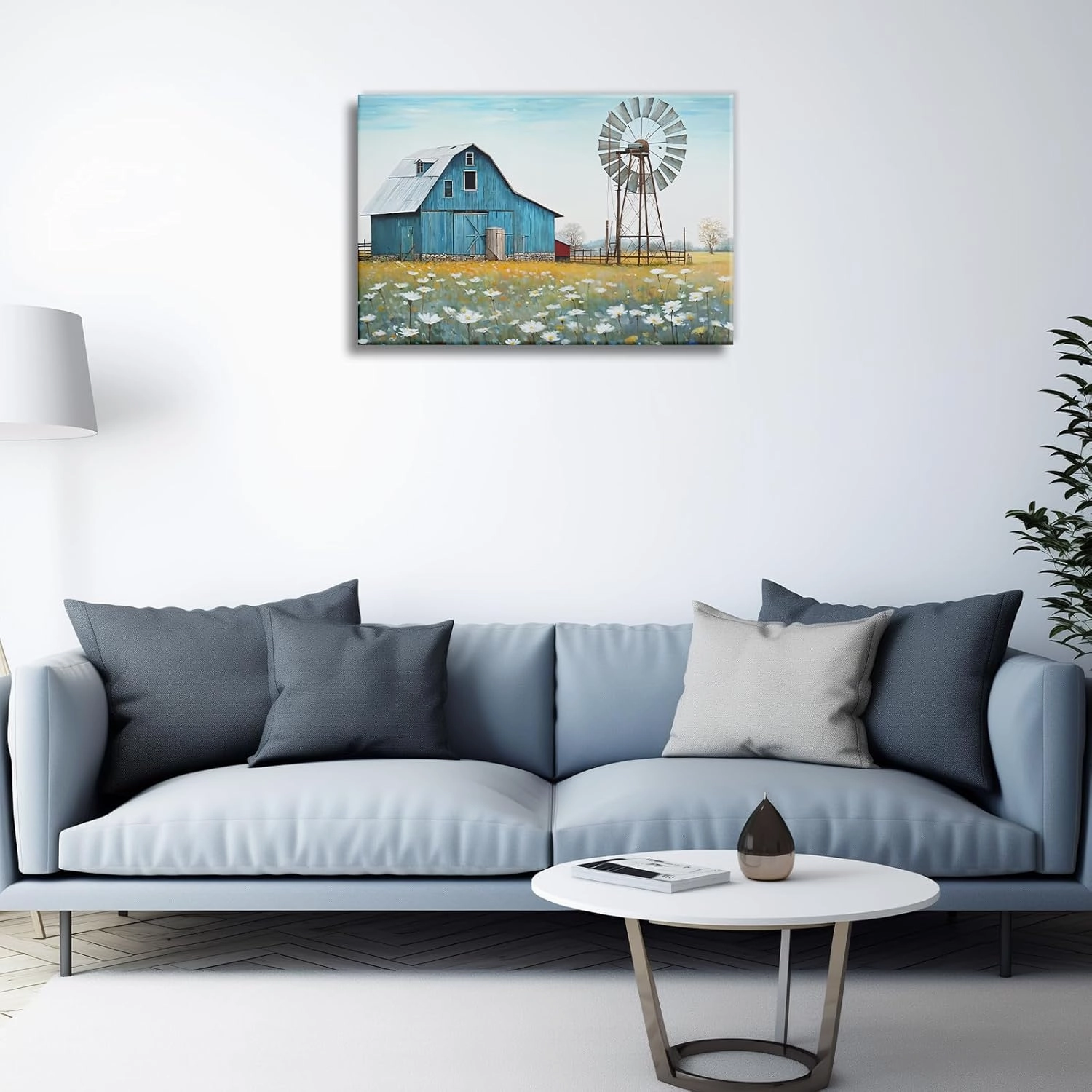KPLUNDO Barn Picture Bedroom Wall Decor Farmhouse Landscape Canvas Picture Print Blue Barn Windmill Painting Modern Artwork (Artwork-1,24"x36")
